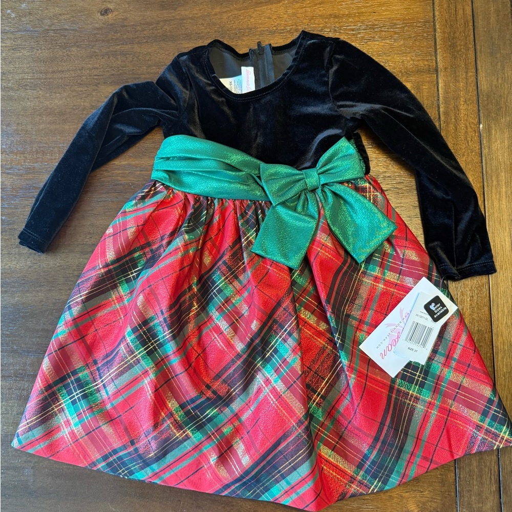 Holiday Plaid Dress with Green Bow